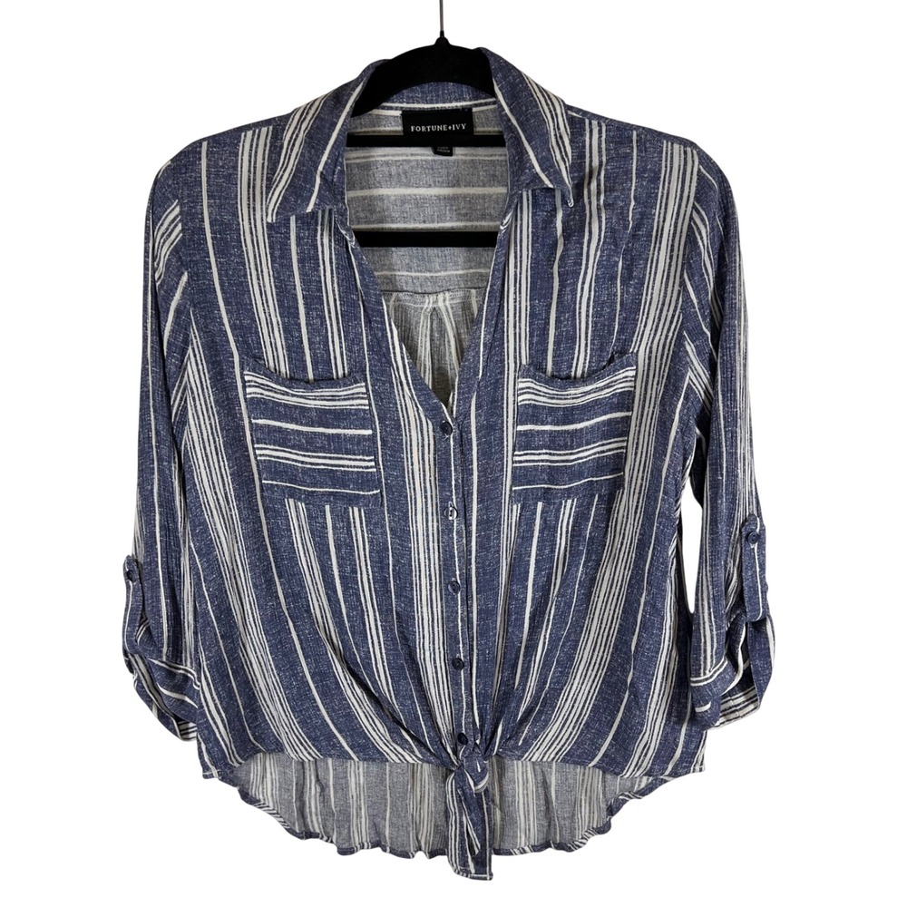 Fortune + Ivy Womens Blue White Striped Tie Front Button Down Shirt Size M